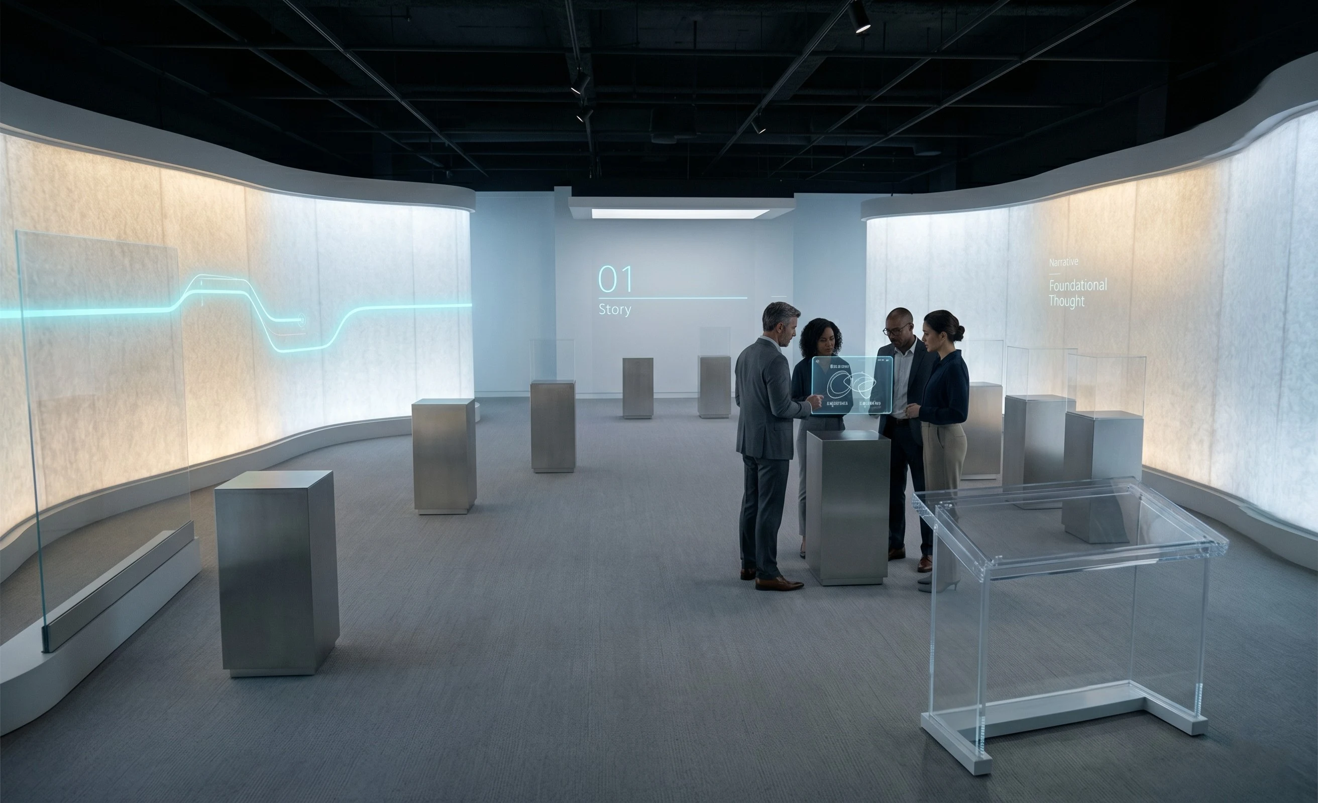 Team shaping an experience center story around a holographic display in an open exhibition space