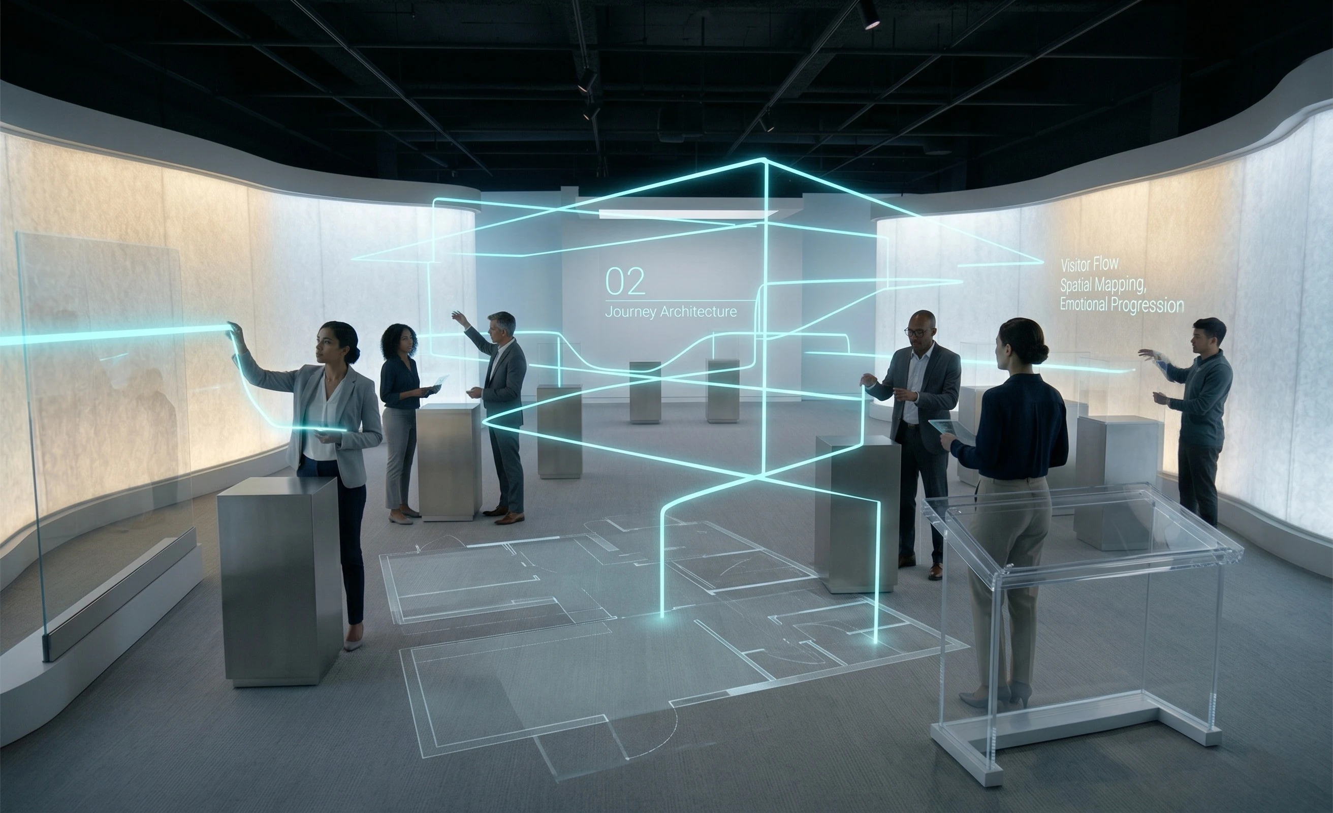 Designers mapping visitor flow with light trails over an experience center floor plan
