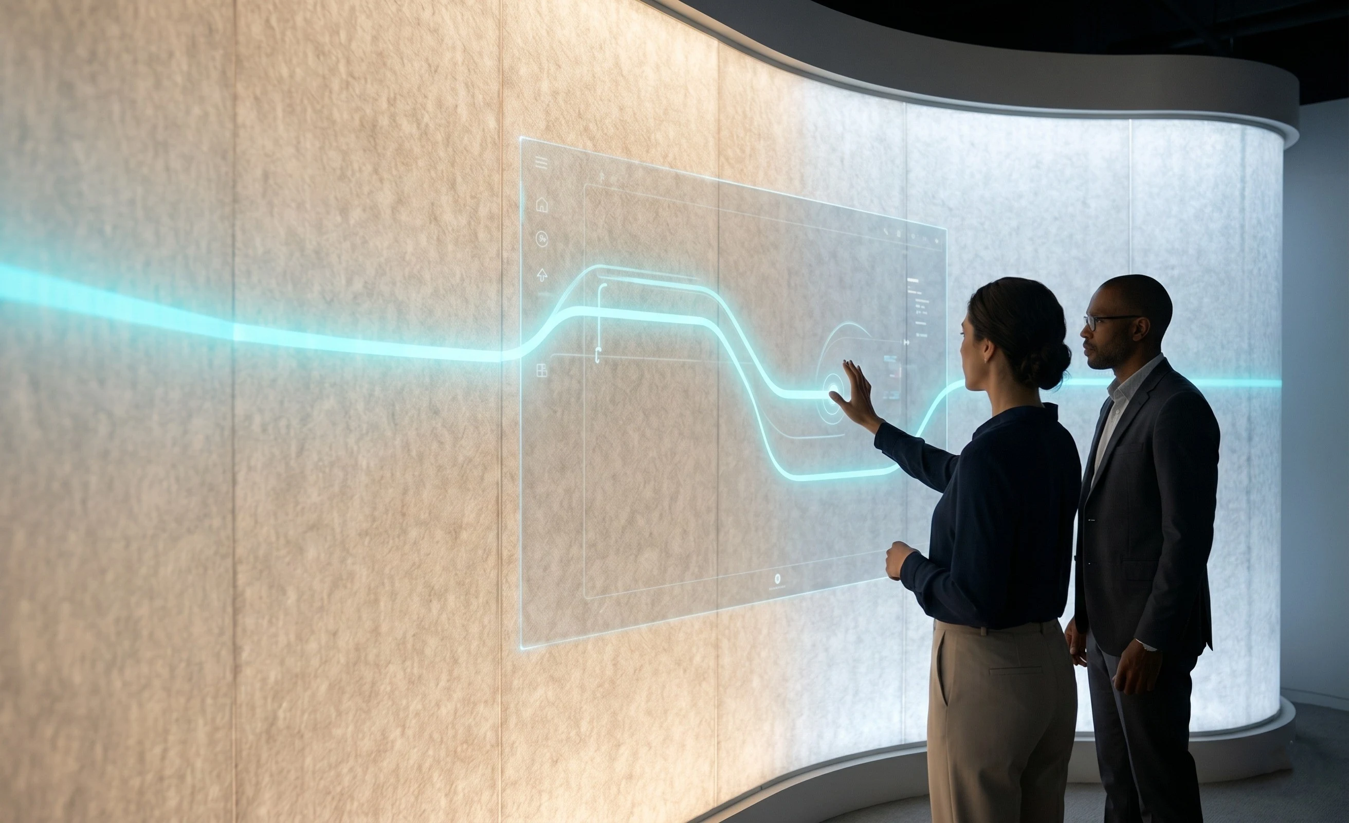 Visitor interacting with a touch-responsive projection wall