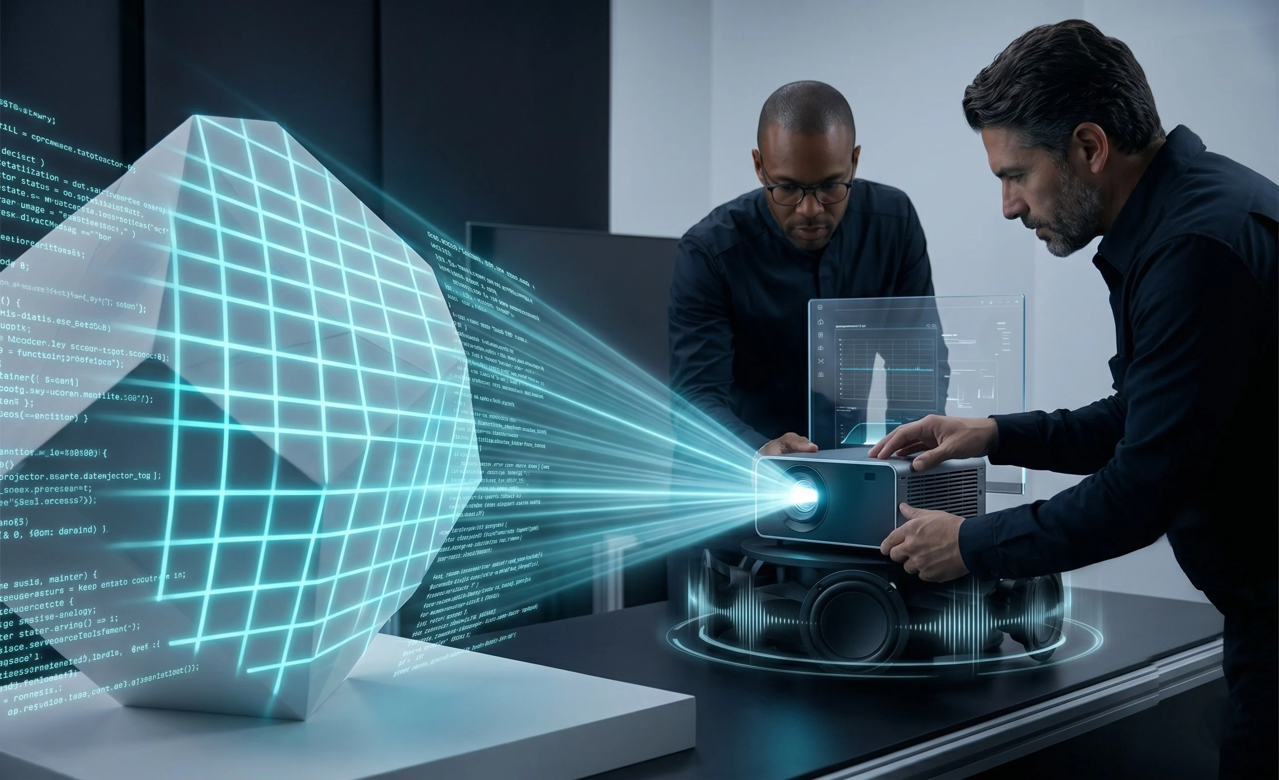 Engineers calibrating a projector for projection mapping onto a sculptural surface