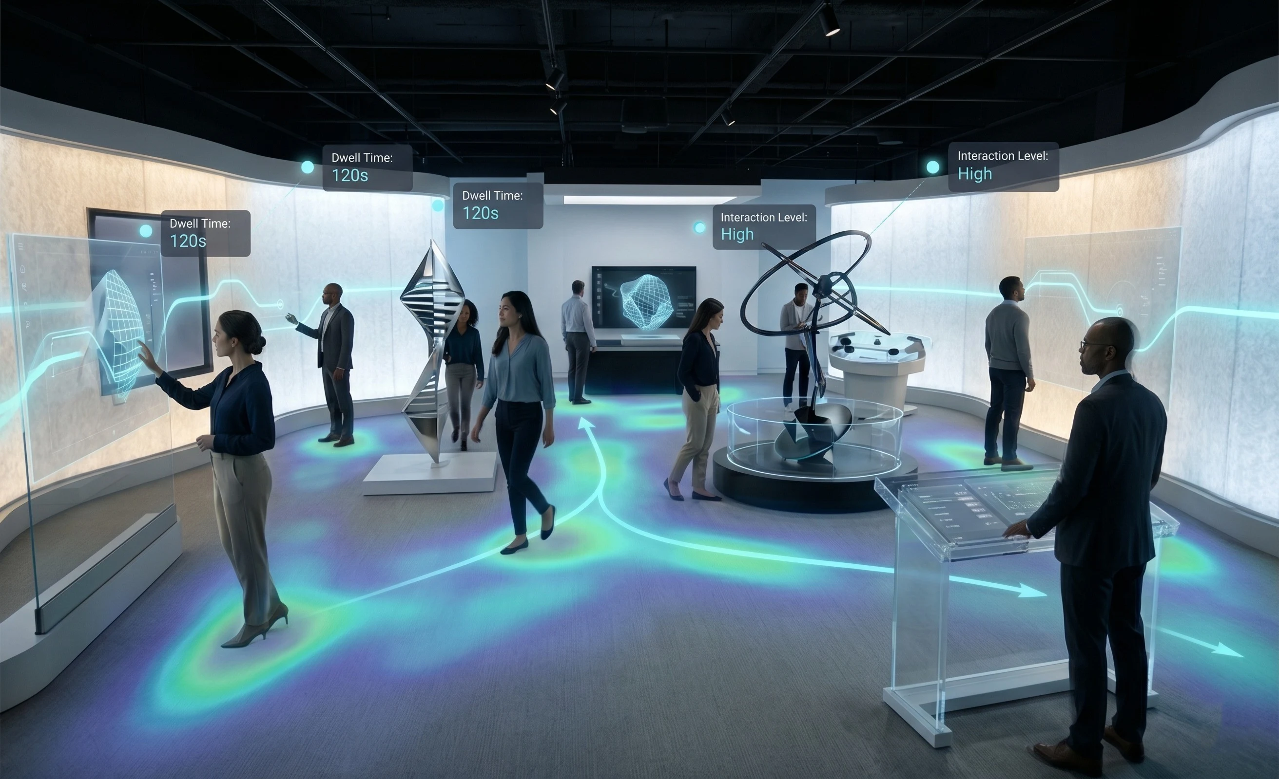 Spatial AI heatmap tracking visitor movement and dwell time across an experience center