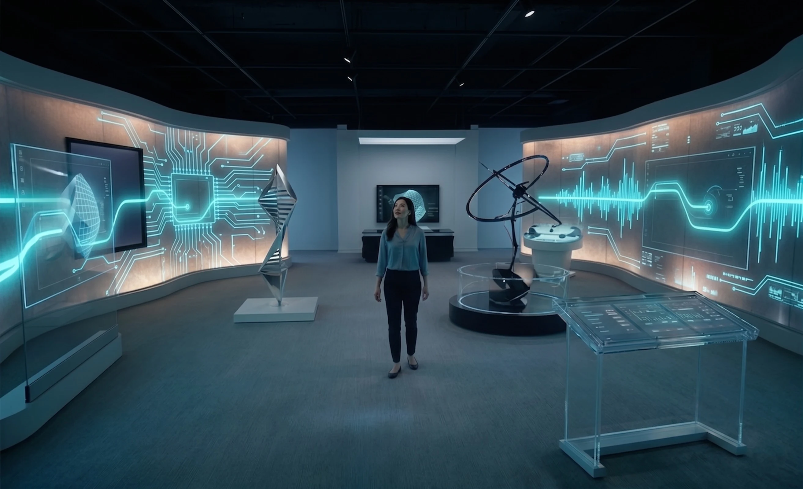 Visitor surrounded by large-scale projections and kinetic sculptures in an experience center