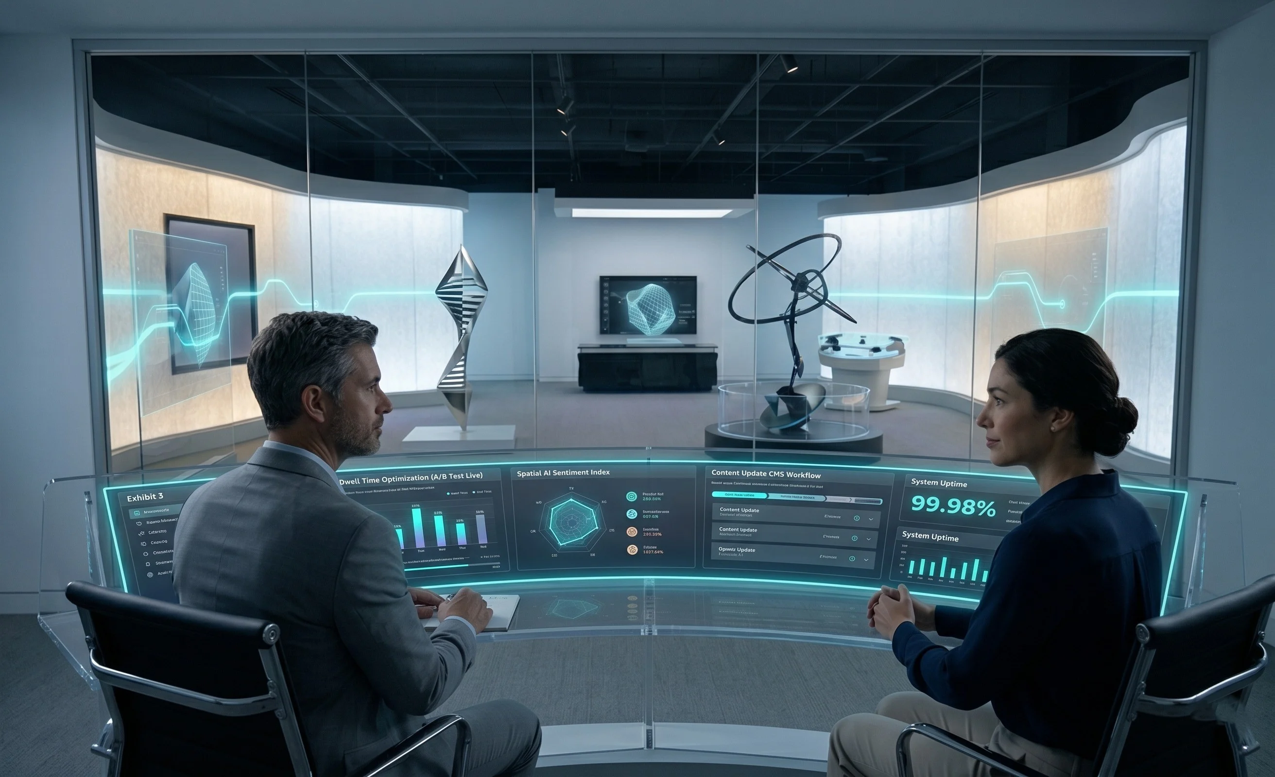 Operations team reviewing live experience center analytics, content updates and system uptime