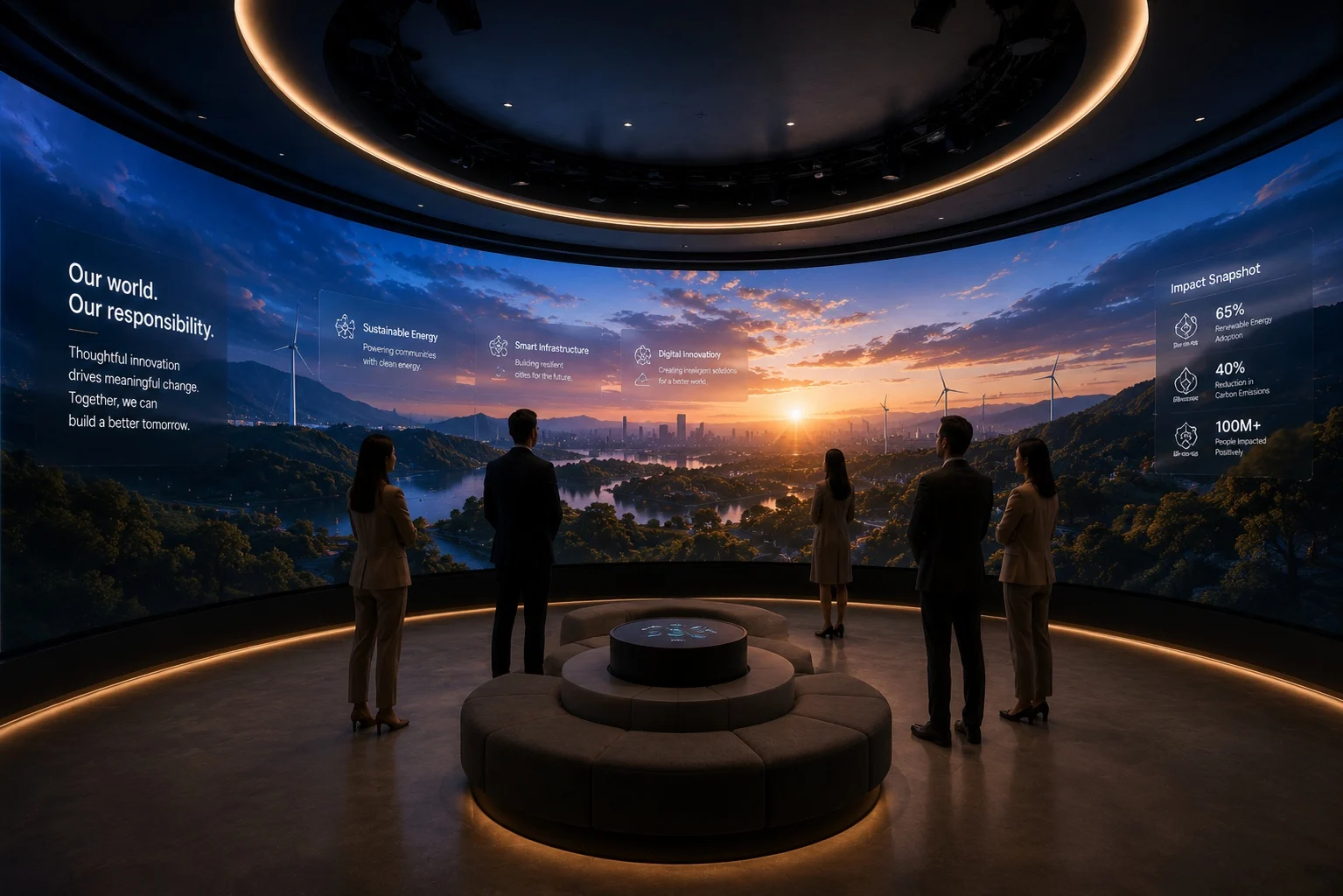 Visitors in a circular immersive theatre surrounded by a 360-degree LED screen