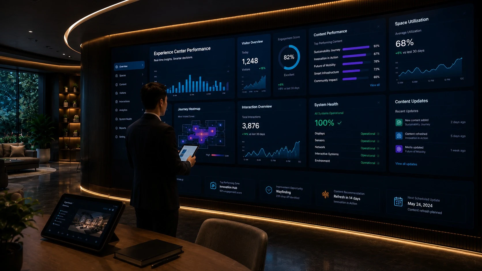 Experience center analytics dashboard showing visitor numbers, a journey heatmap and system health