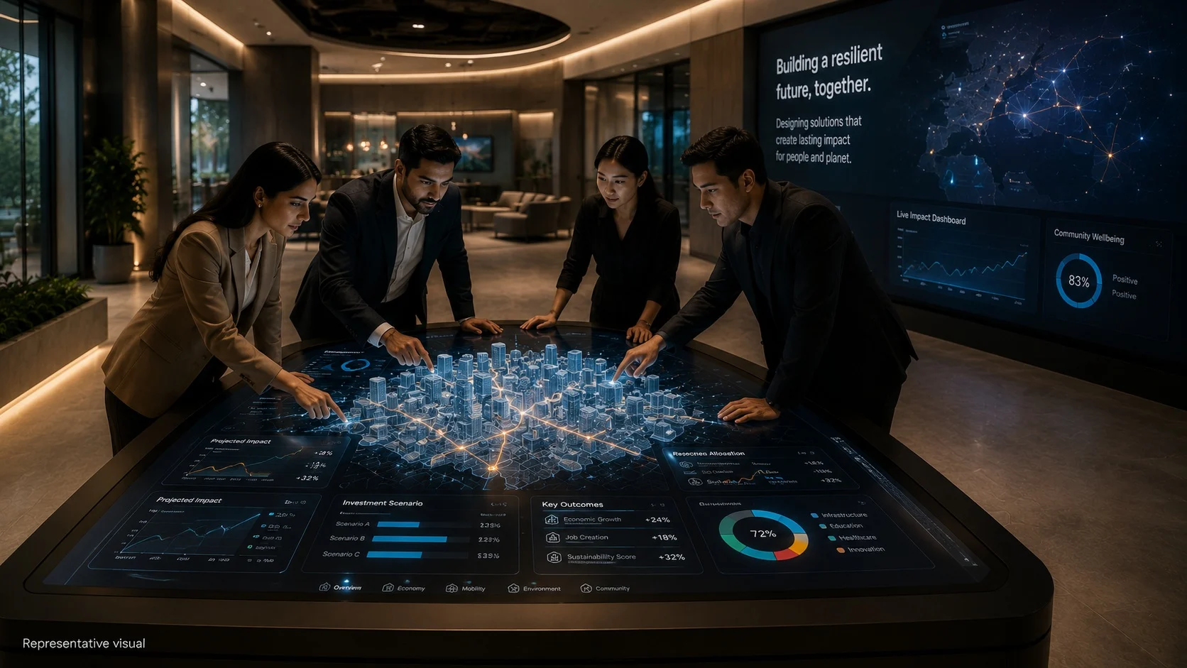 Executives exploring a 3D city model and data dashboards on an interactive touch table
