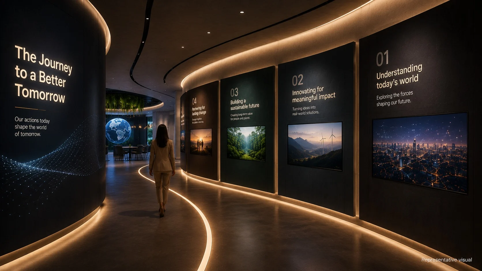Visitor following a lit pathway past storytelling panels in an experience center corridor