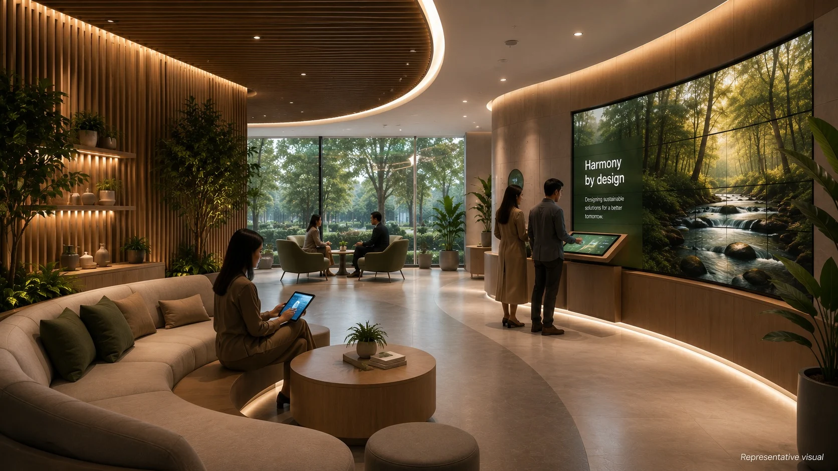 Experience center lounge with timber walls, plants and an interactive kiosk beside a nature video wall
