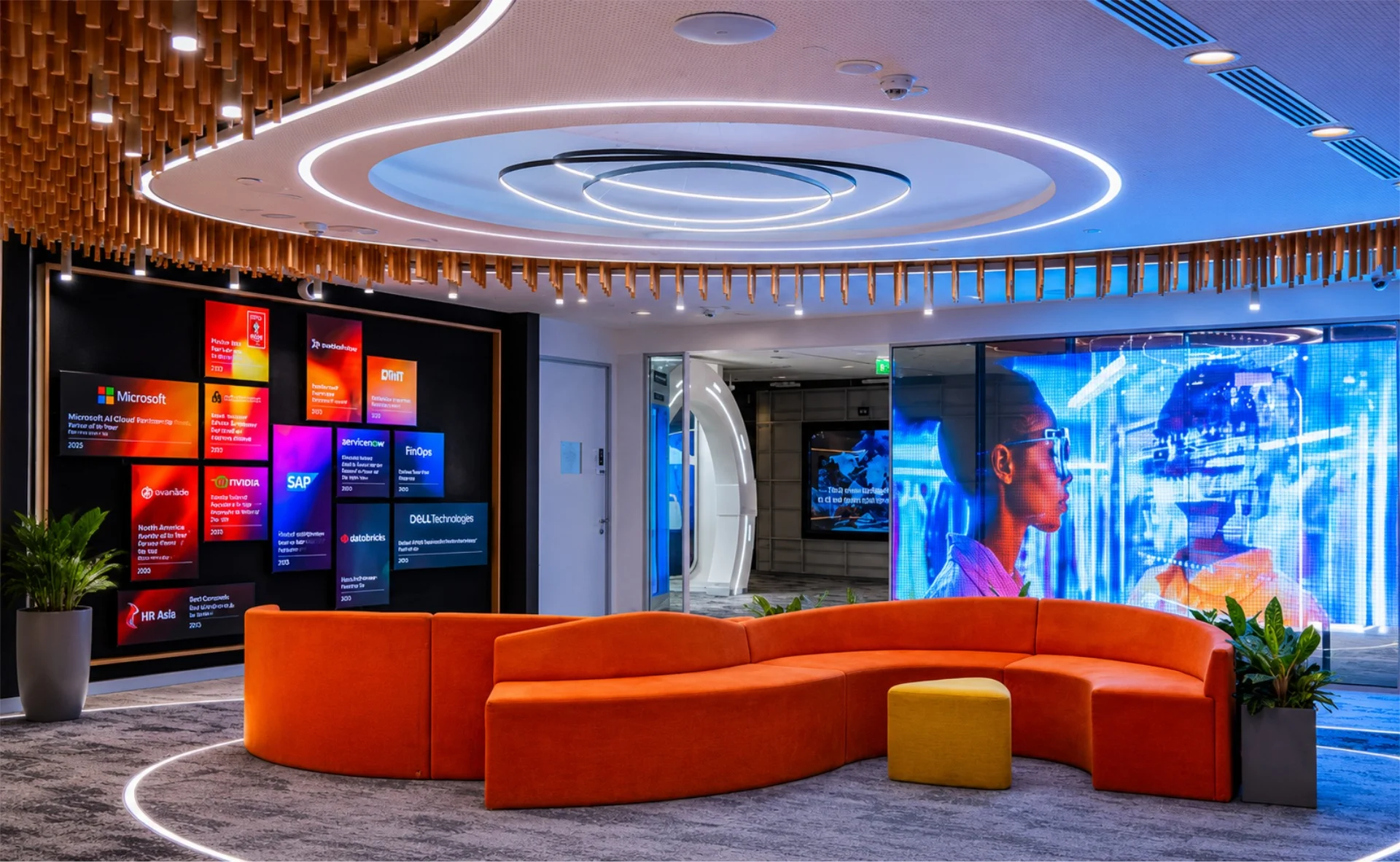 Experience center lounge with curved seating, an LED video wall and a backlit partner wall