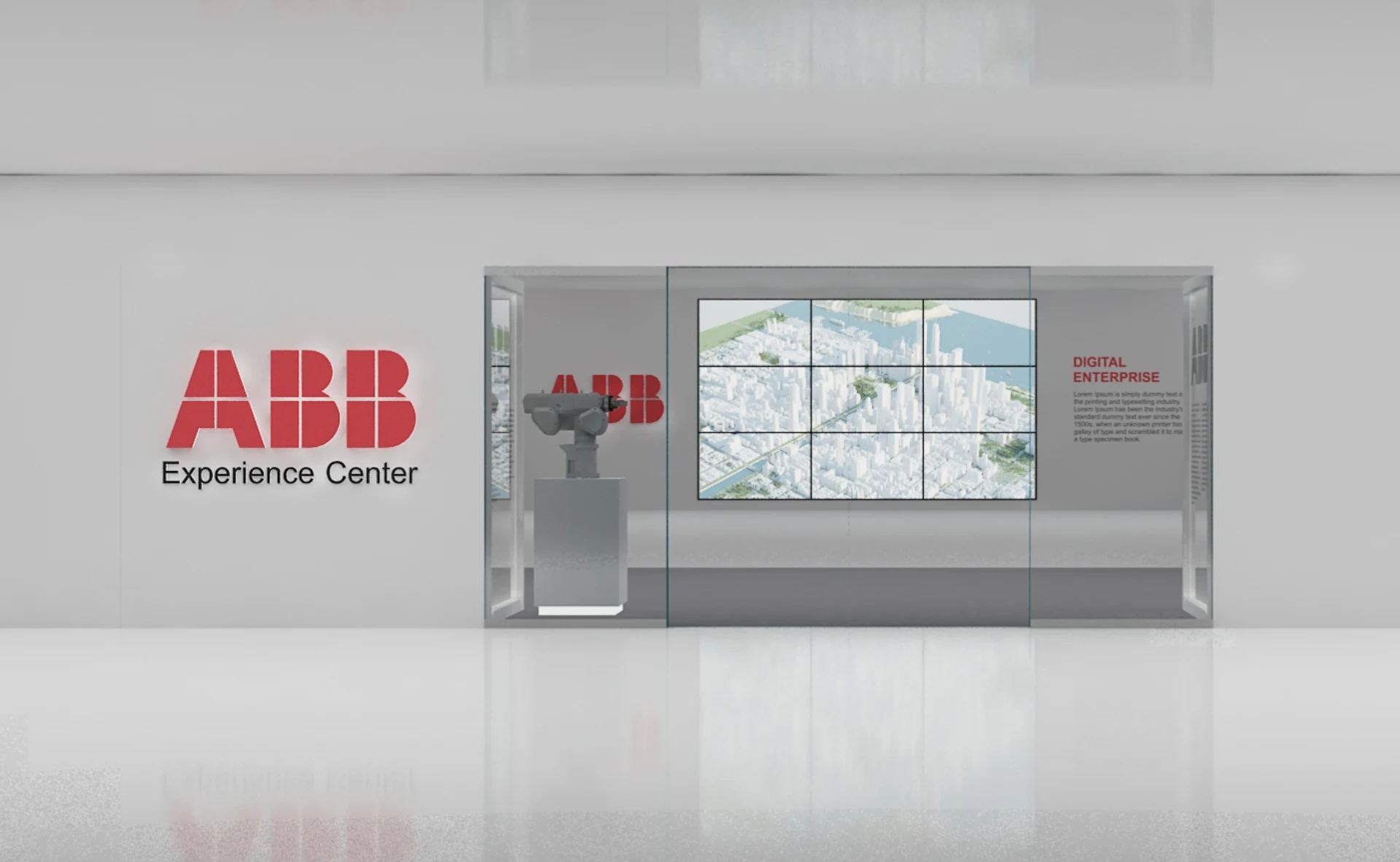 Customer experience center entrance with a robotic arm on display and a video wall showing a 3D city model