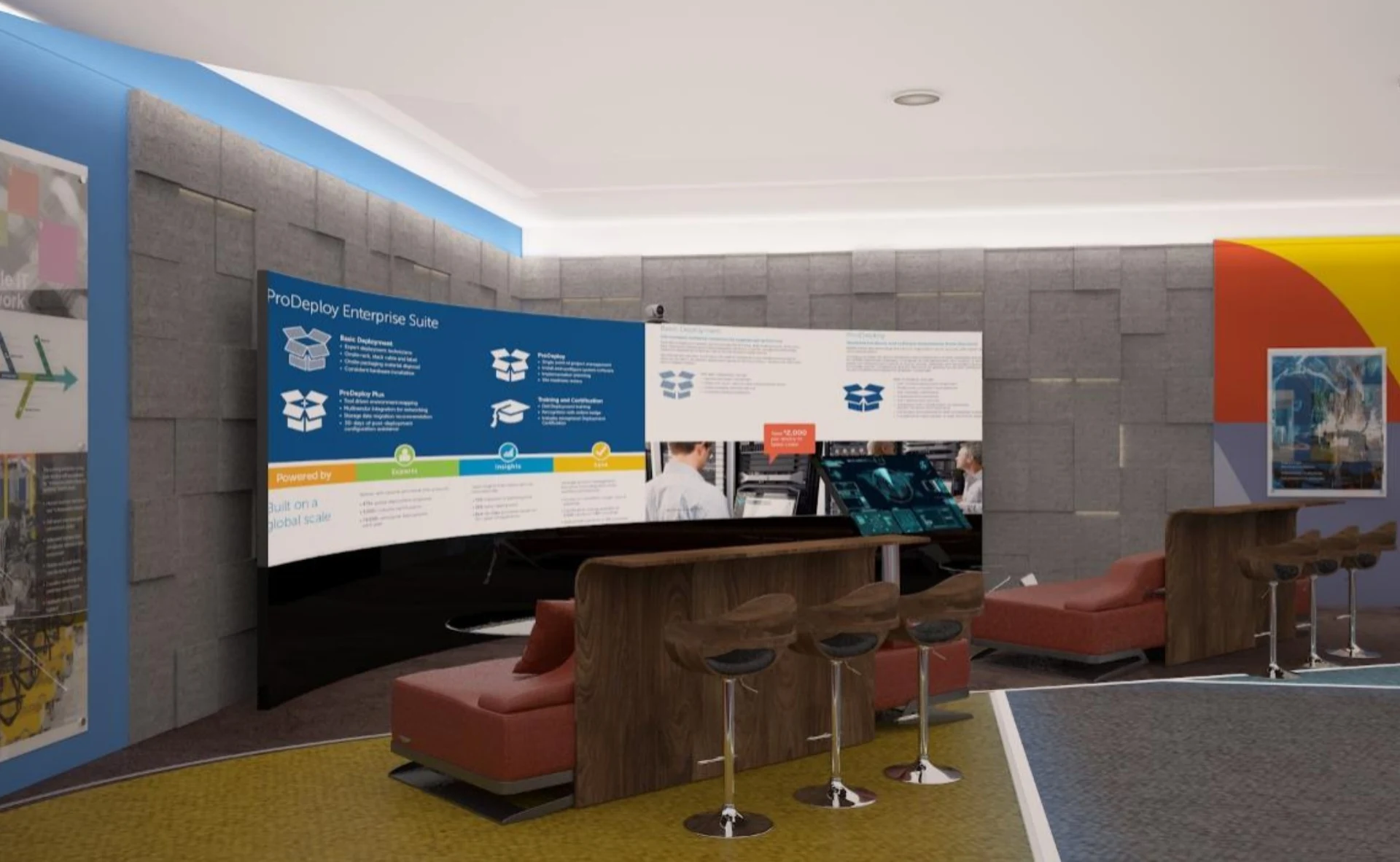 Innovation lab briefing area with a curved display wall, bar seating and an interactive touchscreen