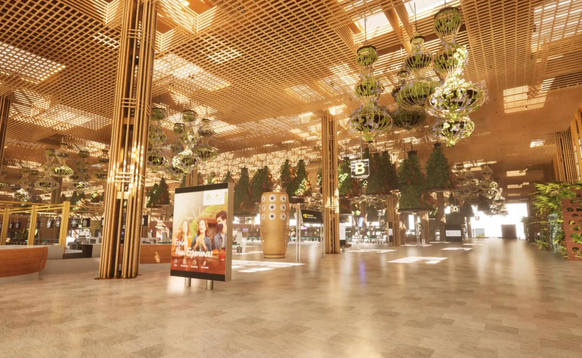 Virtual airport terminal with timber ceilings and hanging gardens, built as a metaverse experience