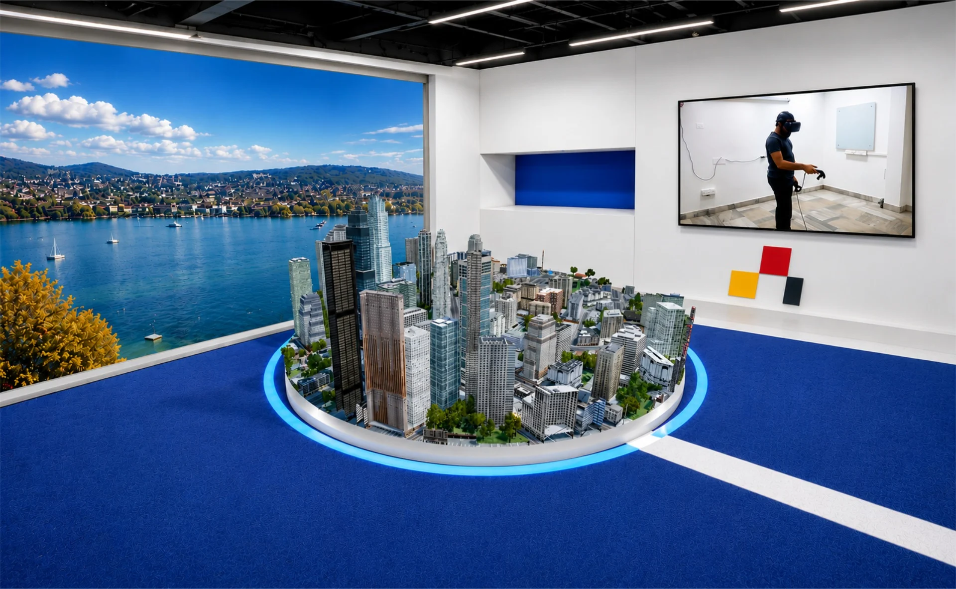 Interactive 3D city model on a lit platform beside a screen showing a visitor in a VR headset